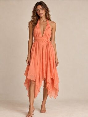 Guess Coral Halter Handkerchief-Hem Dress with Crochet Back Size 6